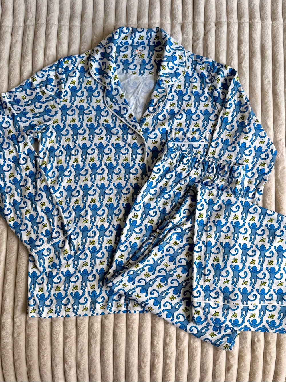 Roller Rabbit Original Blue Monkey Pajama Long Sleeve + pants Set Size M NWOT 🐒💙